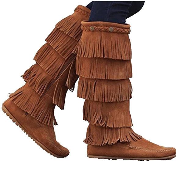 Minnetonka 5 Layer Fringe Boots Womens 8 Brown Suede Tall Zip Moc - Picture 7 of 10